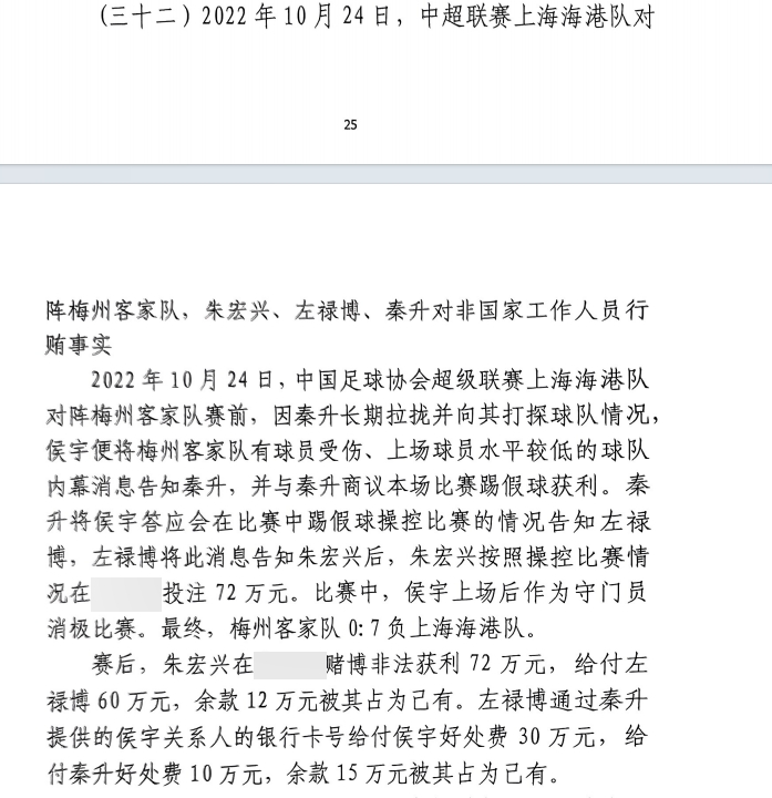 網(wǎng)傳判決書：梅州0-7海港，梅州守門員侯宇收30萬好處費(fèi)消極比賽