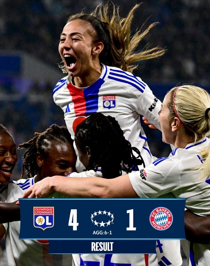 里昂女足4-1大勝拜仁女足，總比分6-1晉級女足歐冠半決賽