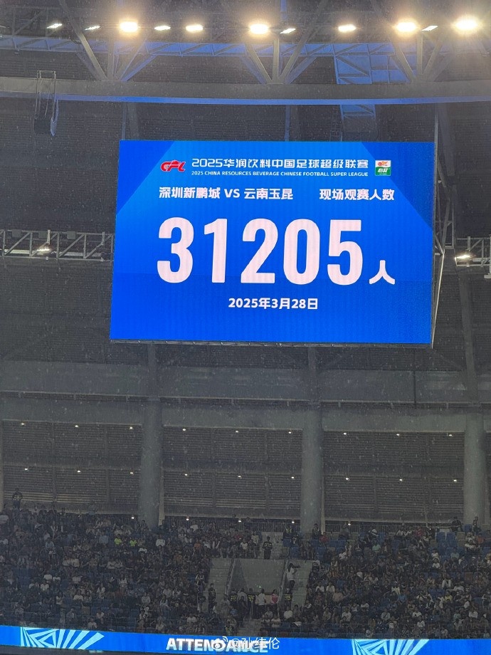 新鵬城新賽季首個主場現(xiàn)場觀眾31205人，為隊史最高上座人數(shù)